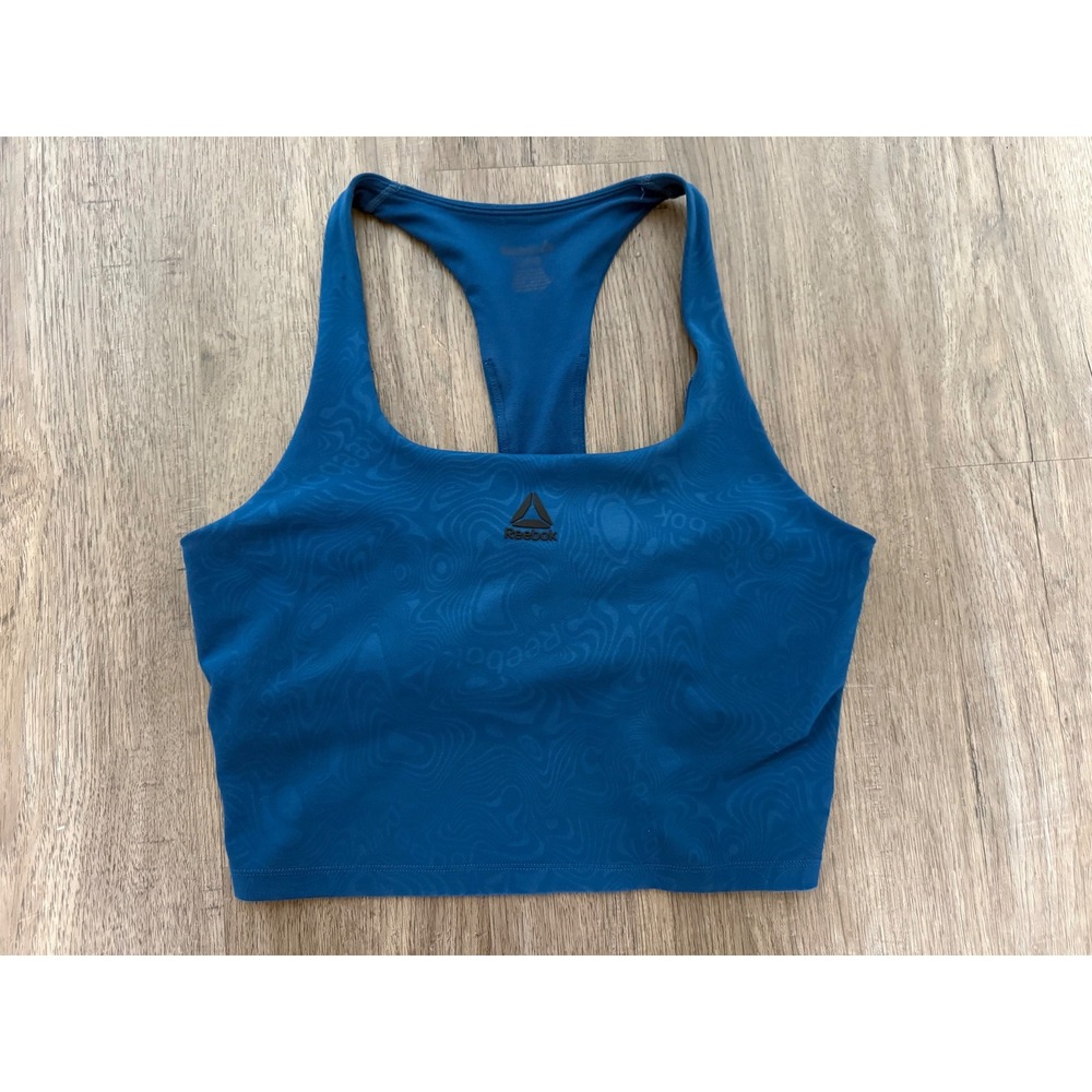 Reebok Womens Teal Blue Swirl Pattern Racerback Athletic Crop Top Large